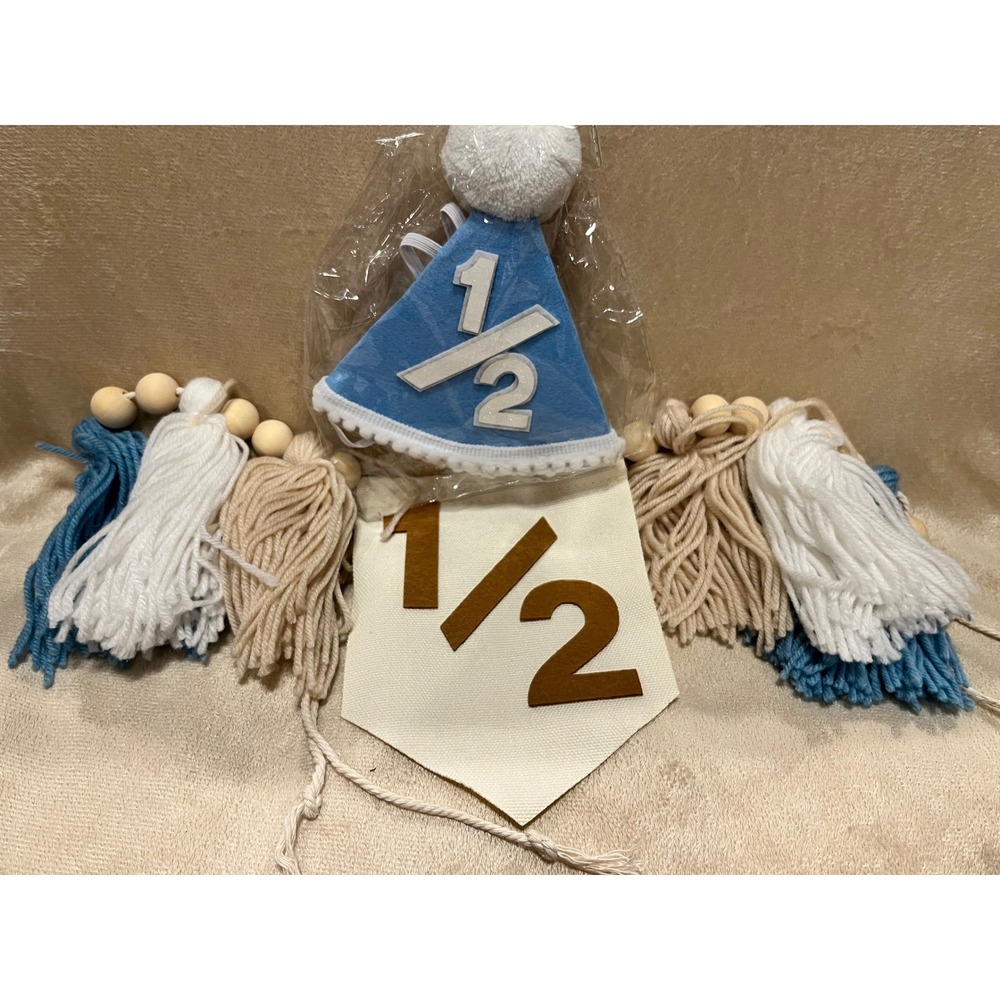 Blue 1/2 Birthday High Chair Banner & Party Hat Set